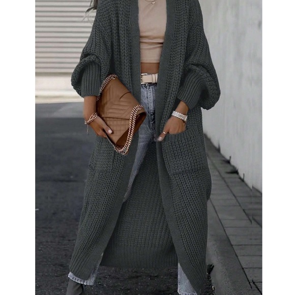 Cozy Knit Pockets Open Front Oversized Long Cardigan - Picture 5 of 6